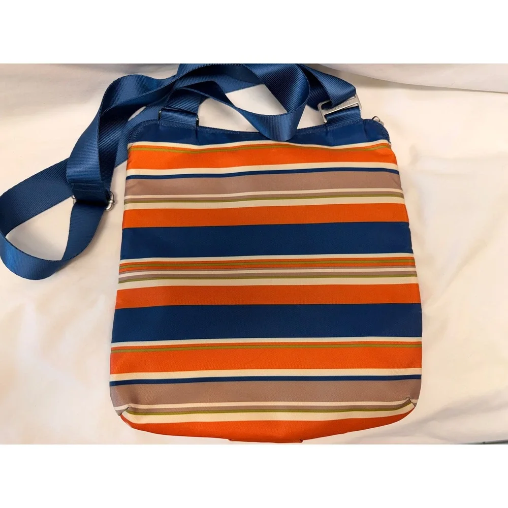 Baggallini Striped Nylon Crossbody Bag Orange Blue Multi Pocket Travel Purse